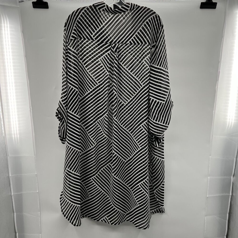 Jessica London Sheer Shift Dress Button Up Black/White Long Roll Tab Sleeve 32W - Picture 7 of 9